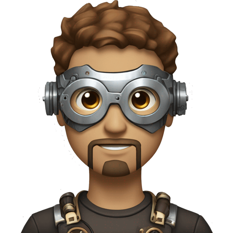 male cyborg head with brown short hair, brown beard, silver steampunk goggles and circuits emoji