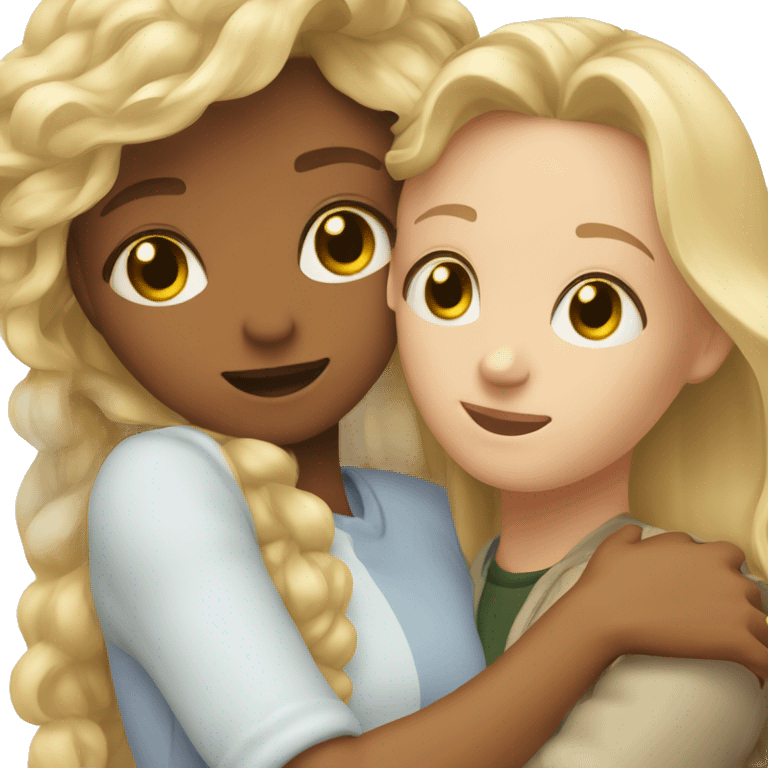 Two friends, a blonde with green eyes and a brown-haired woman with brown eyes, hug  emoji