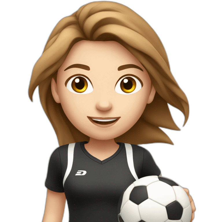 Caucasian girl with brown long hair running with a soccer ball wearing White short and black shorts emoji