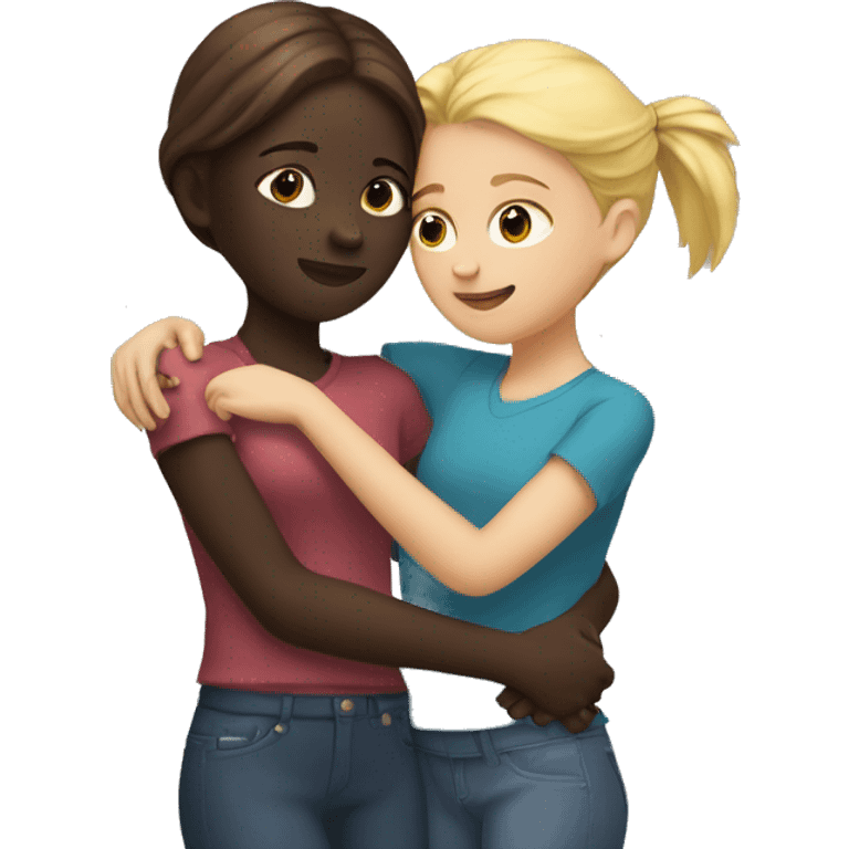 A girl with dark skin and dark red hair hugs a girl with blond hair emoji