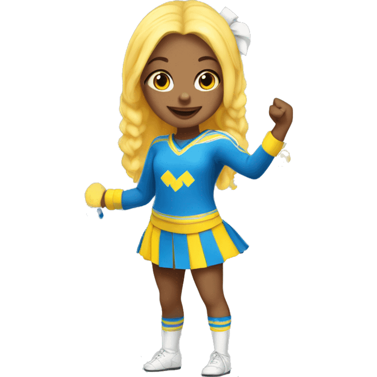 Girl cheerleader in blue and yellow costume like flag of Ukraine with white pom-poms emoji