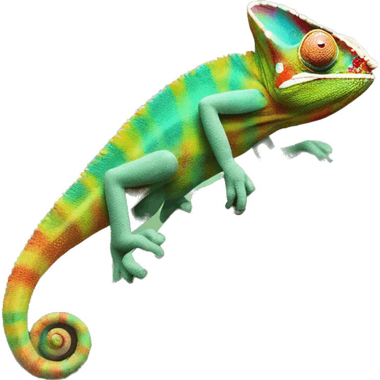 A multicoloured chameleon standing on a tree branch emoji