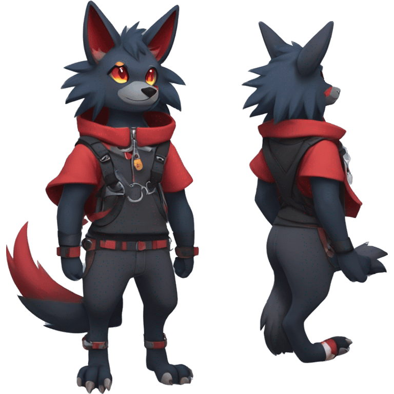 Cool Edgy Zorua-Zoroark-Mightyena with a collar and hoodie-sweater and harness on, full body emoji