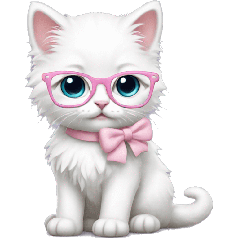 fluffy white kitten nerd with glasses and light pink bow emoji