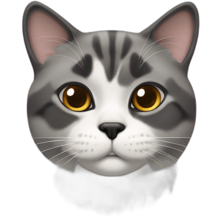 senior chubby diluted calico cat, grey bottom-chin, black nose, grey ears, grey and white emoji