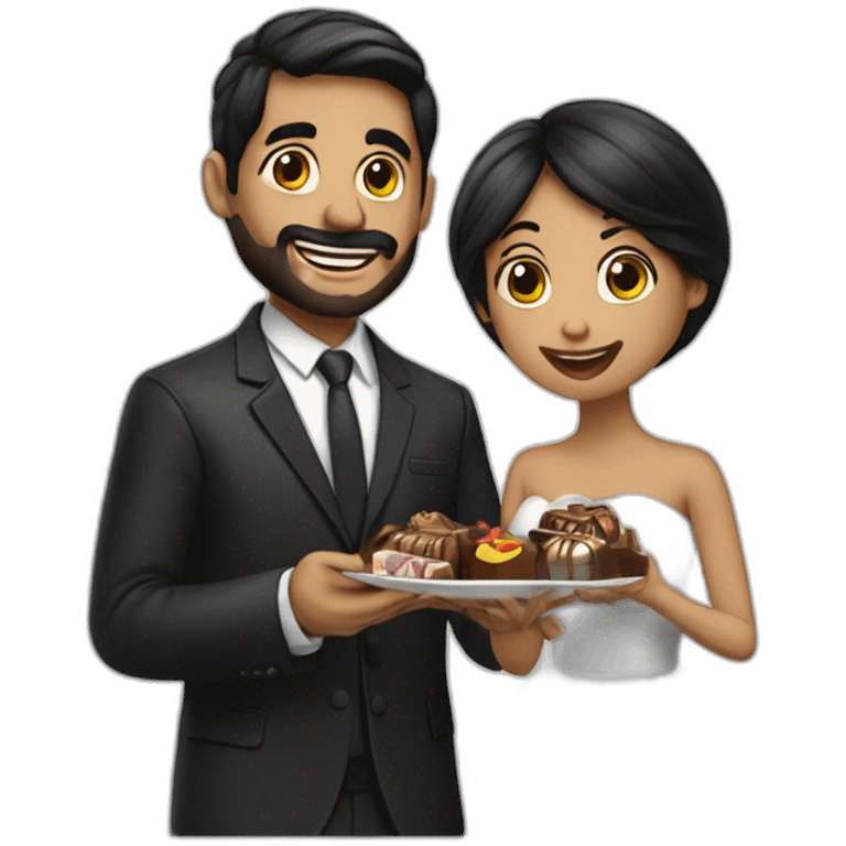 novios comiendo chocolates. el chico tiene barba and the girl black hair y cabello liso emoji