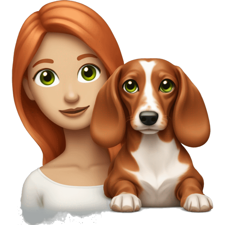 red head women green eyes with her light cream longhair dachshund emoji