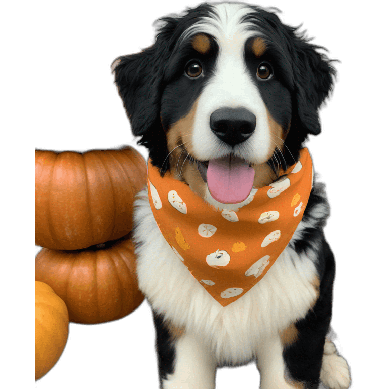 mostly black and white bernedoodle with a pumpkin and fall bandana emoji