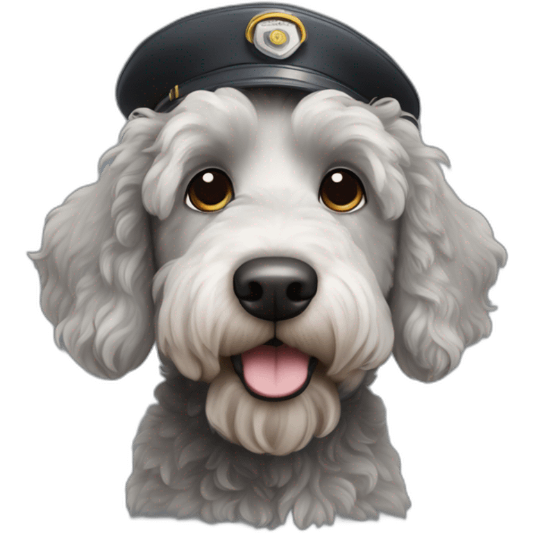 black and grey labradoodle dog's face with short ears and a long nose and a pilot cap on emoji