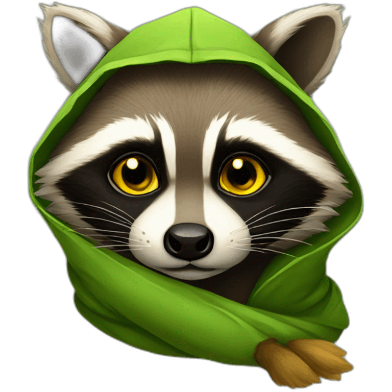 brown raccoon with yellow eyes and a green hood that sadly emoji