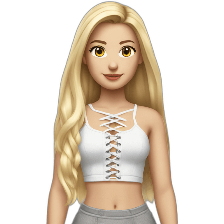 hyperrealistic caucasian female, long straight blonde hair, white lace up crop top, grey mini skirt, body view emoji