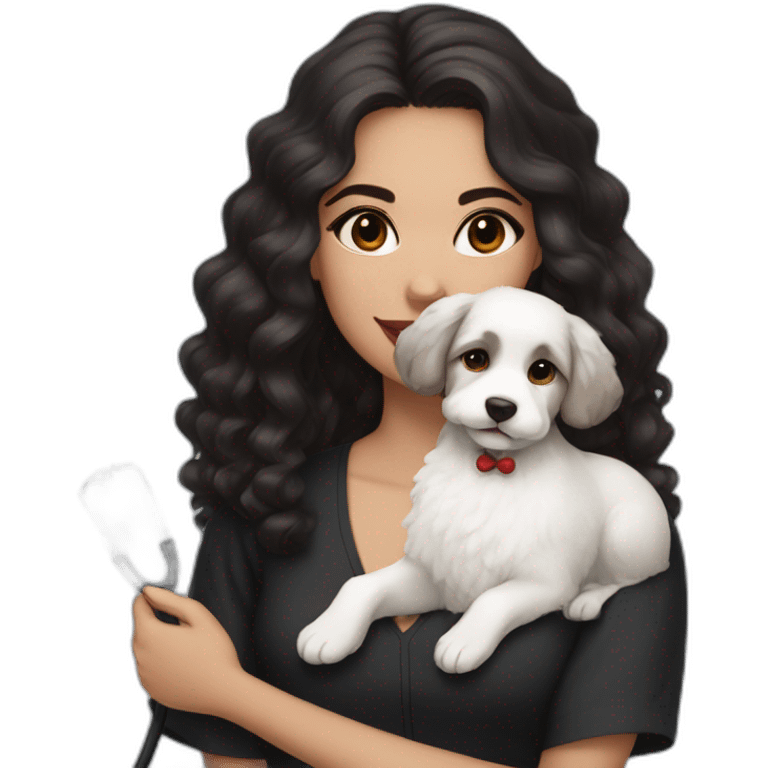 young moroccan woman with dark brown eyes, dark long curling hair, red lips, a black dress, a stethoscope and a white cotton of tulear dog on her laps emoji