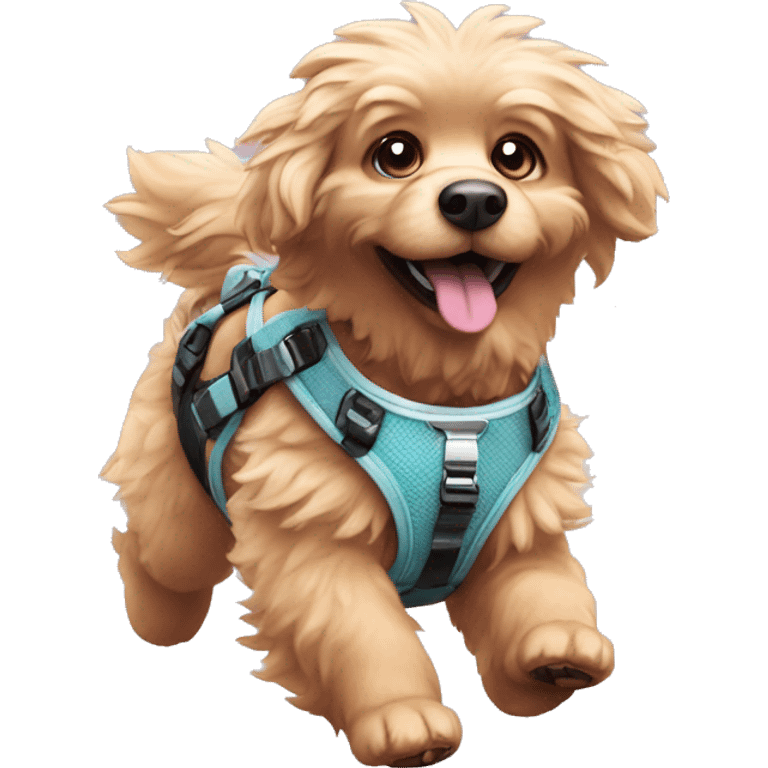 Fluffy dog with tattoos and holographic harness running emoji