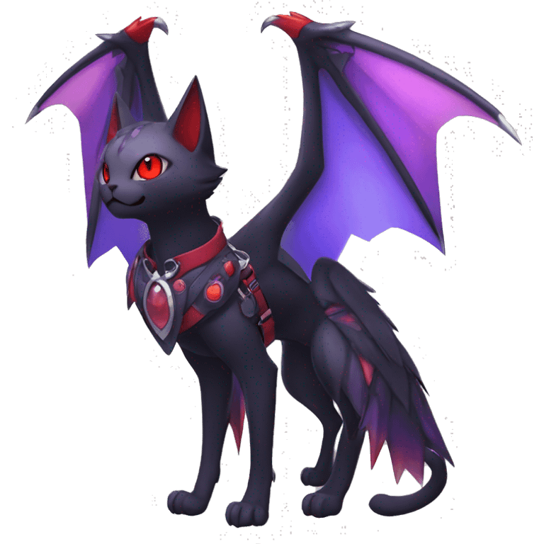 Kawaii cool edgy beautiful black red purple ethereal fantasy nargacuga-noivern-cat-Fakemon collar harness full body emoji