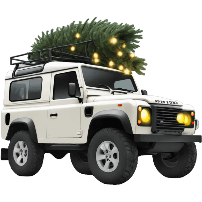 Off white old defender jeep with Christmas tree on the roof with Christmas lights, very small yellow lights  emoji