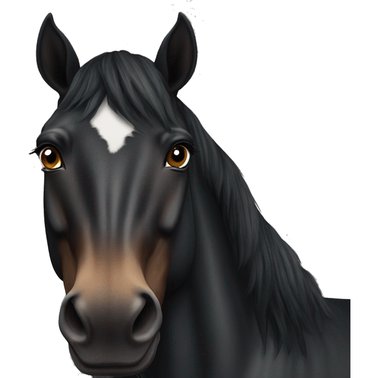 Realistic Black horse with a brown nose , short black mane, and a small white mark on her forehead emoji