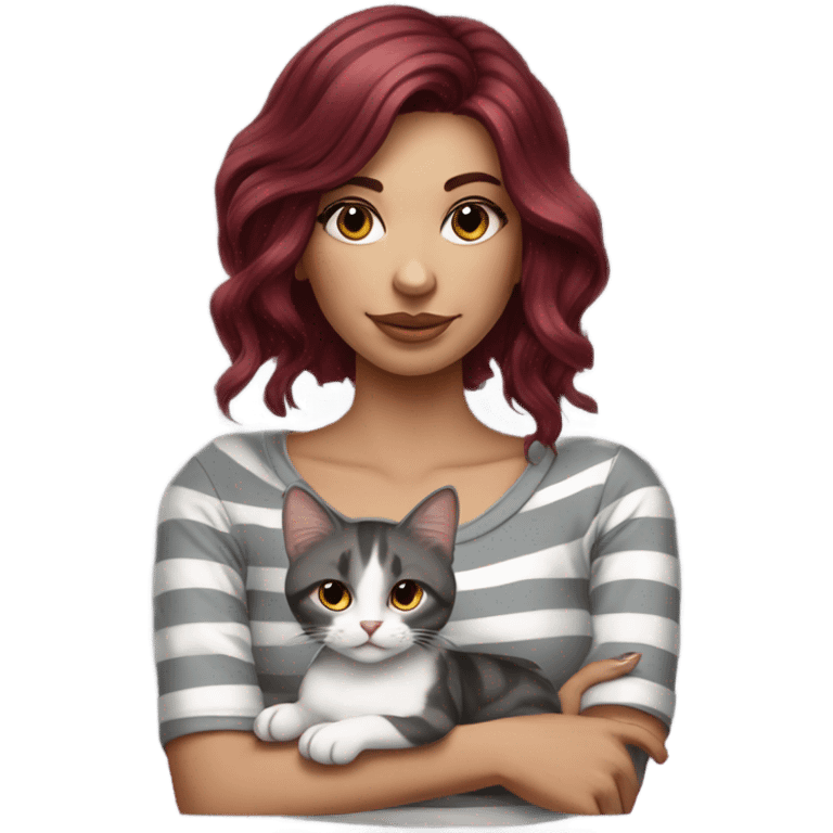 Beautiful burgundy haired tattooed woman holding gray and white striped long hair cat emoji