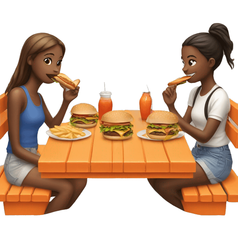 four girls eating burgers around an orange picnic table  emoji