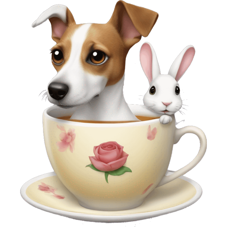 A jack russel dog having a cup of tea with the face of Elizabeth 2 and a rabbit in his back emoji