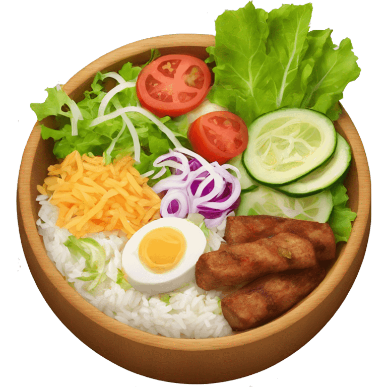 a wood bowl with rice in the middle, kebab, and salad emoji