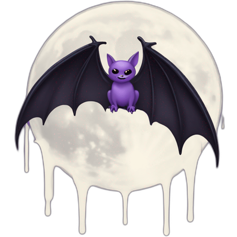 purple black vampire bat wings flying in front of large dripping grey crescent moon emoji