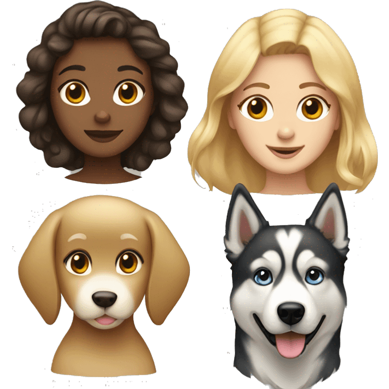 brunette girl, blonde girl, husky, and golden retriever emoji