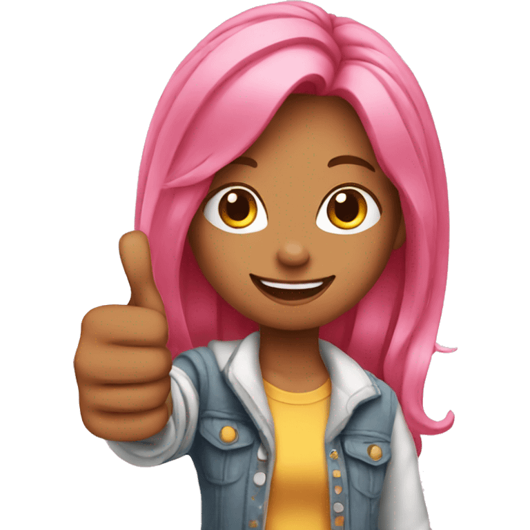 girl with long pink hair shows thumbs up emoji