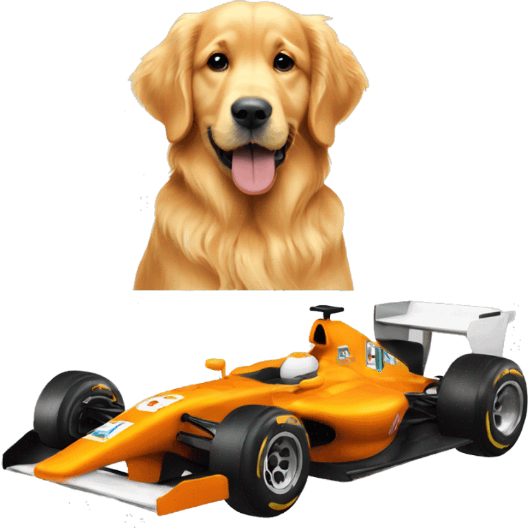 golden retriever sitting in an orange formula one car emoji