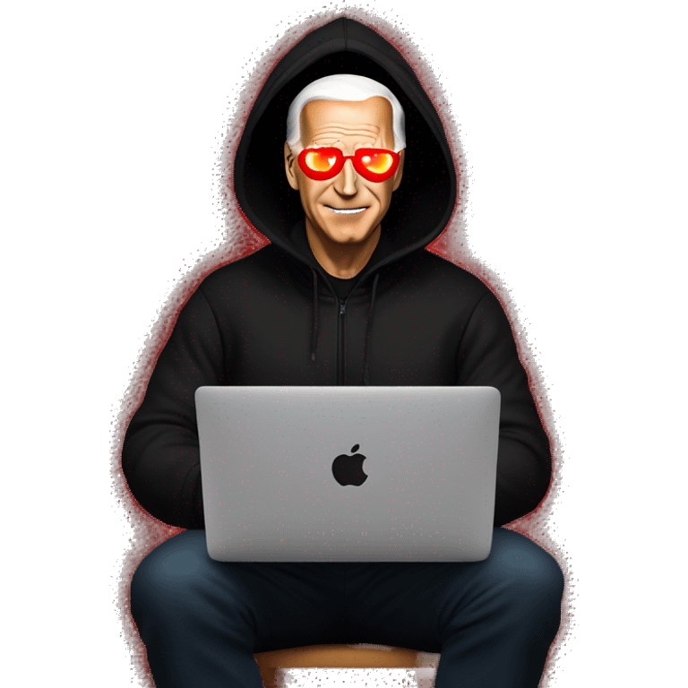 joe biden in a black hoodie with bright red glowing laser eyes typing on a macbook, joe biden, black hoodie, bright red glowing eyes, typing on macbook emoji