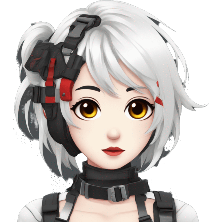 Gorgeous techwear anime style lady with blushing face aesthetic and pretty edgy black red white punk messy hair with collar and harness trending style emoji