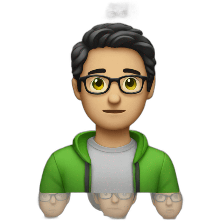 a guy with dark hair, green eyes and glasses. put his hand to his face and thought emoji