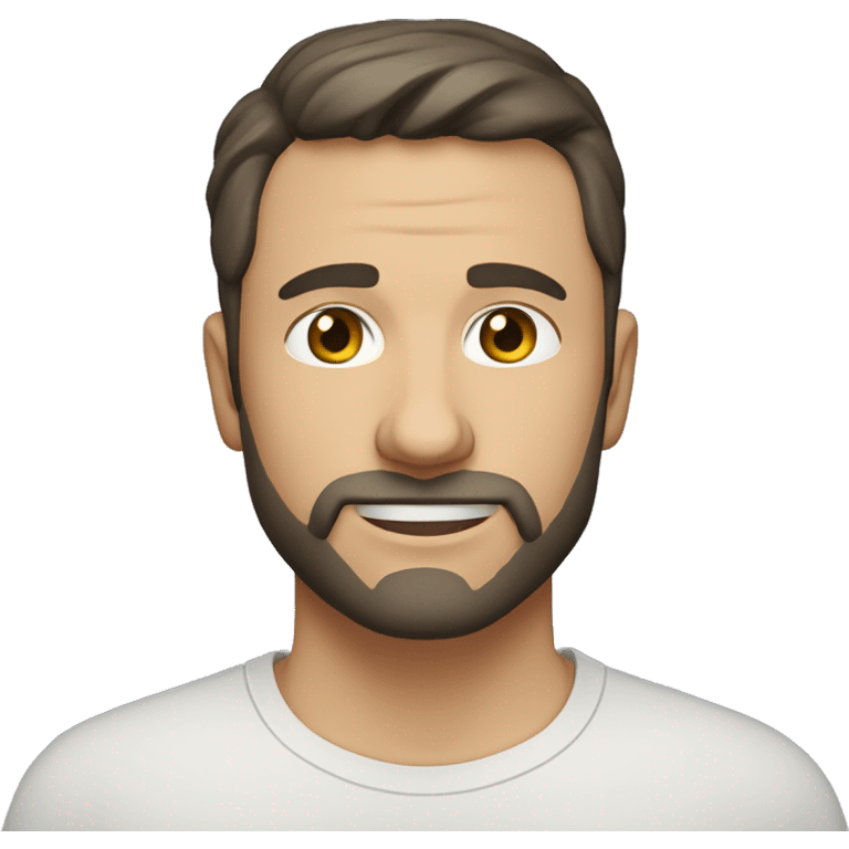 A head and shoulders shot of a 37 year old Caucasian man, with short black hair, with short beard facial hair,   with brown eyes wearing a t-shirt. emoji