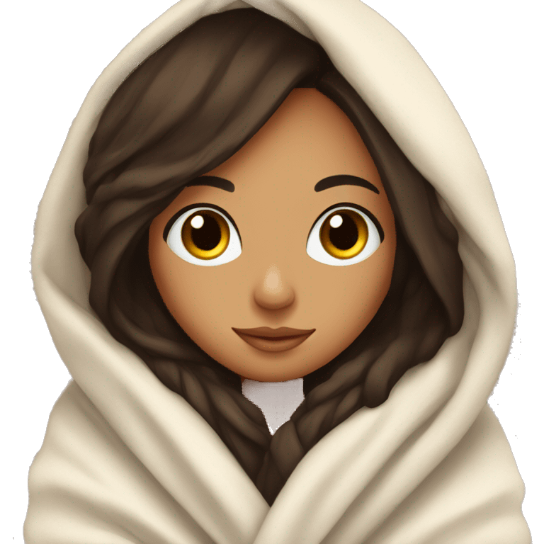 cozy brunette girl wrapped in blanket with eyelashes emoji