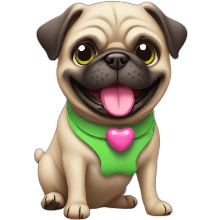 a happy pug whit a green toy bone and pink collar emoji