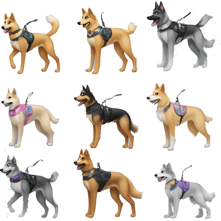 Fluffy dog saluki German shepherd husky with tattoos and holographic harness running emoji