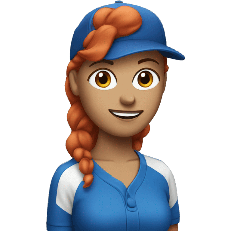 female coach with red hair in blue shirt and with a blue baseball hat emoji