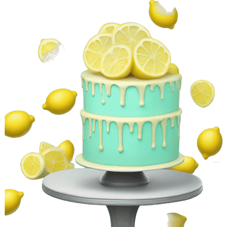 Isolated realistic layered lemon cake on tiffany blue cake stand. emoji