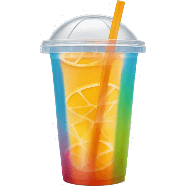 Realistic plastic domed lid cup with one colorful straw and juice with ice inside of the cup. emoji