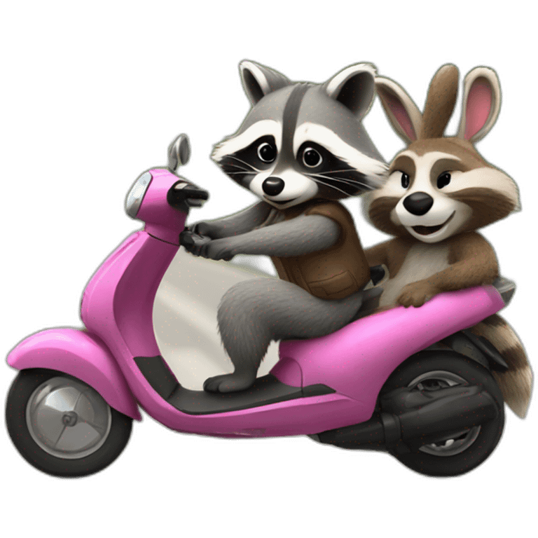 raccoon giving a ride to bunny both on a scooter emoji