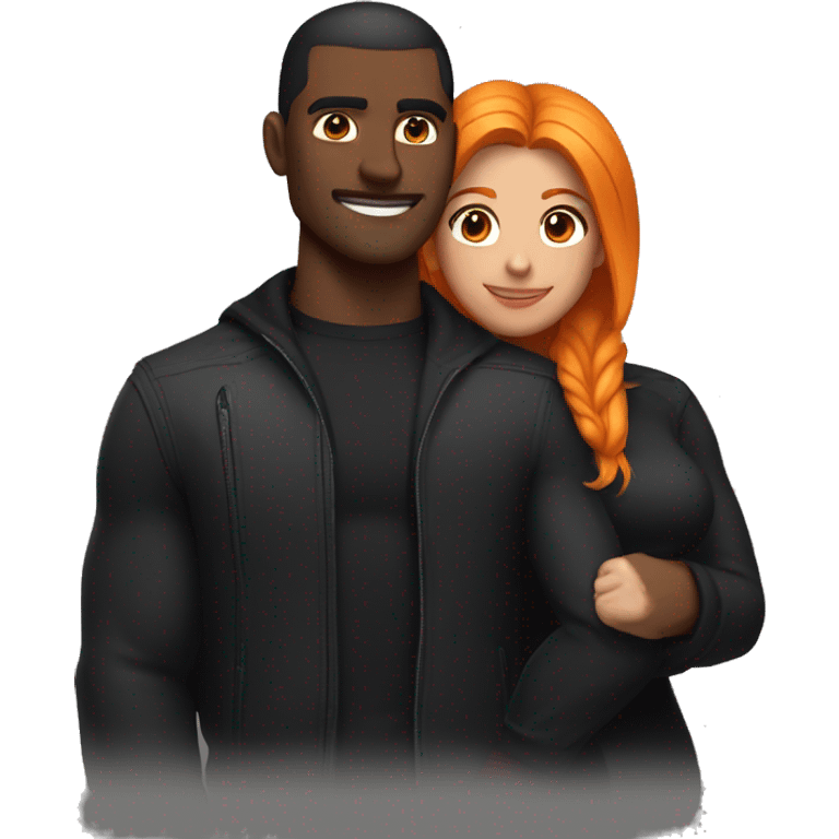 A muscular, well-shaped, slightly dark-skinned man with a black jacket on. and a woman with light black and orange hair hugging him. emoji