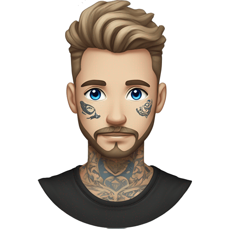 Man with Light brown hair, neck tattoos, arm tattoos, mustache and beard, blue eyes, silver nose piercing hoop, black anime graphic tee emoji