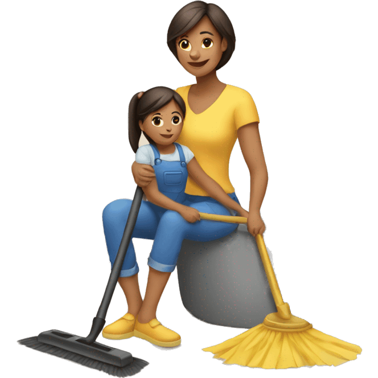 woman sweeping the house with daughter on her lap emoji