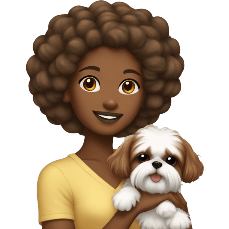 Brown skinned girl with Afro puff holding shih tzu emoji