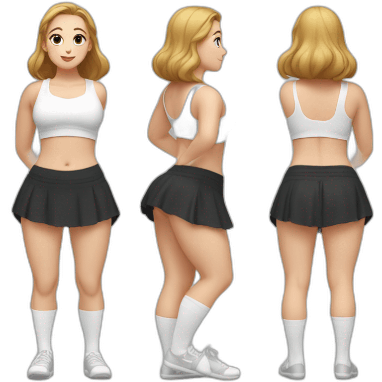 full-body-caucasian-curvy-beauty-doing-asana-bow-short-black-skirt-back-and-front-views-strong-wind-knickers-long-white-socks emoji