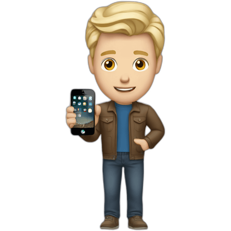 widows peak hair Blonde man holding iPhone in hand emoji