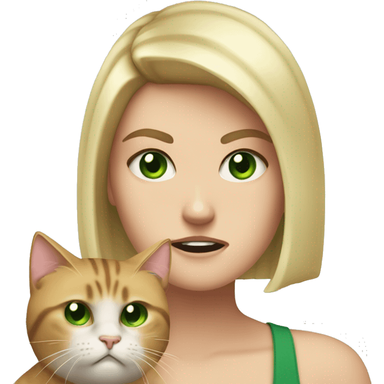 A white girl with blonde bob hair and green eyes is angry at a cat she is holding emoji