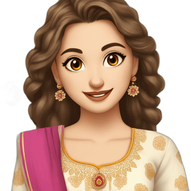 a most beautiful white girl with a small bindi in forehead with jimika and cute loose hairstyle wearing a blur anarkali kurti and a beautfiul smile with flowers emoji