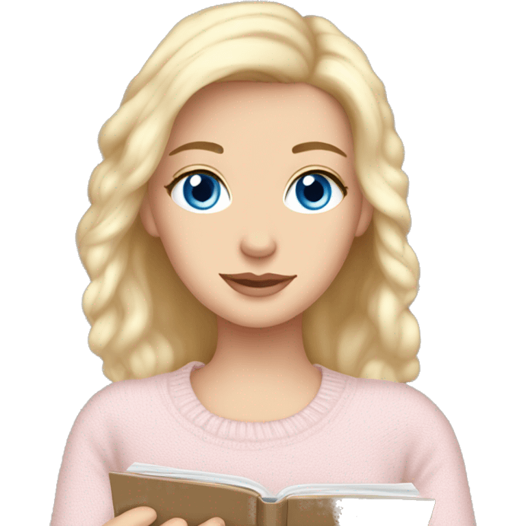 Pretty blue eyed white girl with light pink sweater reading cozy emoji