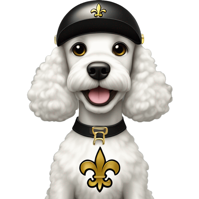 White poodle wearing a black football helmet with gold stripe and gold fleur de lis emblem emoji