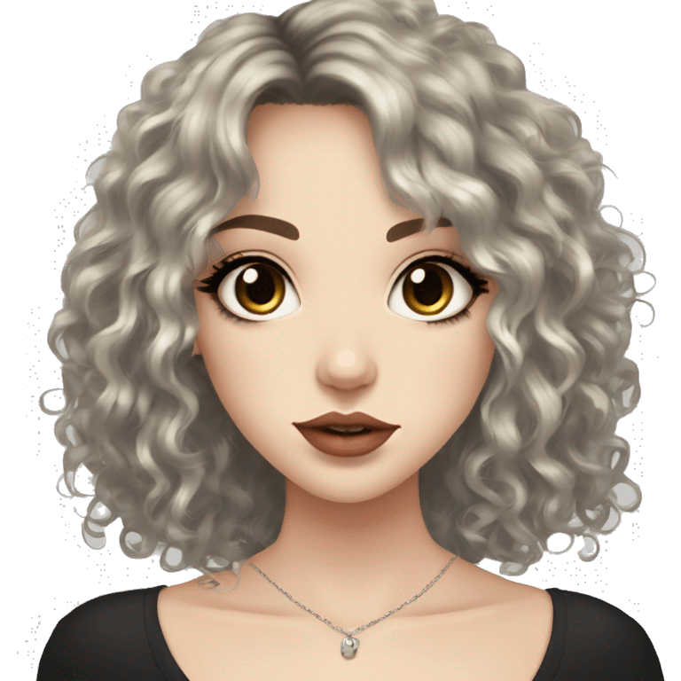 girl pretty, pale skin and medium length curly black hair with hair layers, bangs, big hazel eyes, big lips, small nose, nose nostril piercing, three ear piercings emoji